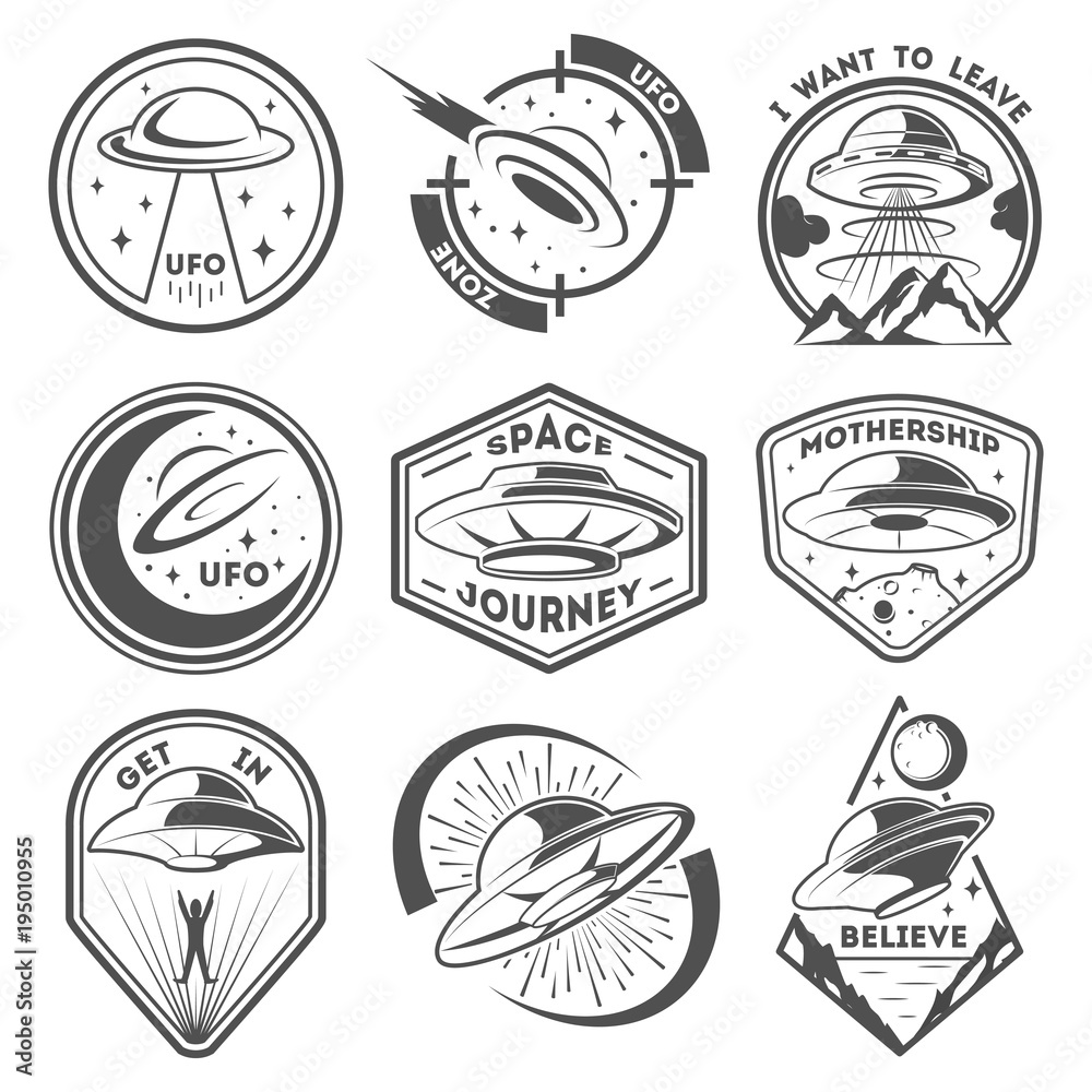 Wall mural alien spaceship, spacecrafts and ufo emblems set. cosmic ship in form saucer for transportation. mon