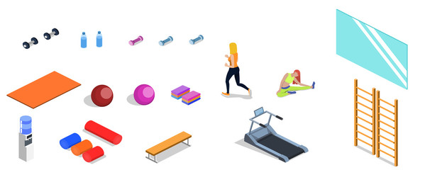 Fototapeta na wymiar Set of object yoga and pilates, people are doing sports isometric 3D vector illustration