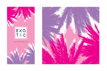 Leaves of tropical coconut palm tree close-up. 
Realistic monochrome vector illustration in violet and pink colors. Template, design element for summer holiday, travel and vacation concept.