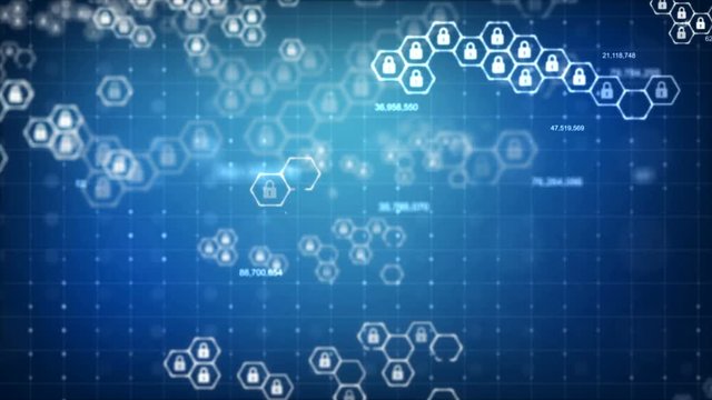 Abstract background lock and hexagon security icon for cyber technology futuristic concept over dark background with grain processed
