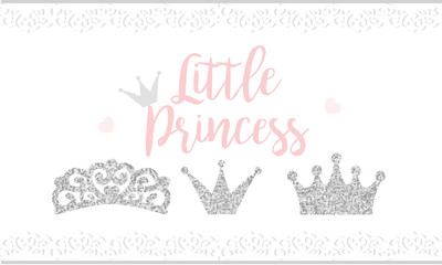 Pink text Little Princess on white background with lace. Cute silver glitter texture. Grey gloss effect. Birthday party and girl baby shower decor.