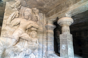 Fototapeta premium Hindu sculptures in the cave 1 on Elephanta Island. Mumbai, India
