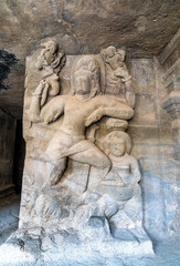 Hindu sculptures in the cave 1 on Elephanta Island. Mumbai, India