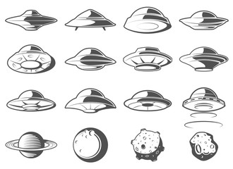 Alien spaceship, spacecrafts and ufo set. Cosmic ship in form saucer for transportation. Monochrome UFO Elements Set