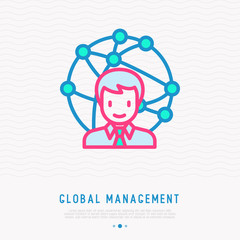 Global management: manager directs offices all over the world. Modern vector illustration, thin line icon.