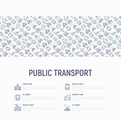 Fototapeta na wymiar Public transport concept with thin line icons: train, bus, taxi, ship, ferry, trolleybus, tram, car sharing. Front and side view. Modern vector illustration for banner, web page, print media.