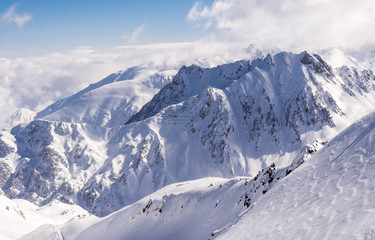 Fototapeta na wymiar Winter mountains panorama with ski slopes, Bareges, Pyrennees, France