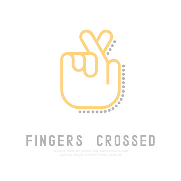 Lie or Keep finger crossed Hand with dot shadow logo icon, sign language concept outline stroke flat design yellow and grey color illustration isolated on white background with copy space, vector