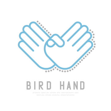 Bird Hand finger with dot shadow logo icon, sign language concept outline stroke flat design blue and grey color illustration isolated on white background with copy space, vector eps 10
