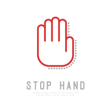 Stop Hand finger with dot shadow logo icon, sign language concept outline stroke flat design red and grey color illustration isolated on white background with copy space, vector eps 10