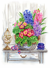 Still life in the style of Provence with a basket of spring flowers, watercolor painting.
