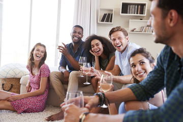 Group Of Friends Relaxing At Home And Drinking Wine Together