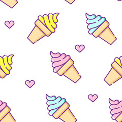 Summer pattern with colored ice cream and hearts on white background. Thin line flat design. Vector. - 195016750