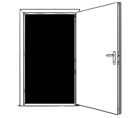 Cartoon stick man drawing conceptual illustration of open modern door with black color inside. Business concept of decision and challenge.