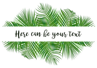 Fototapeta premium Watercolor vector illustration with tropical coconut leaves. Exotic nature card or banner with frame for text isolated on white background. Palm green leaf floral pattern
