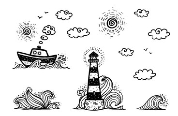 Marine set in cartoon doodles style: ship, lighthouse, waves, sun and clouds - obrazy, fototapety, plakaty