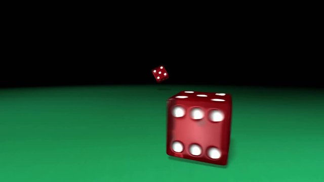 Red dice rolling on green casino table. 3D animation.