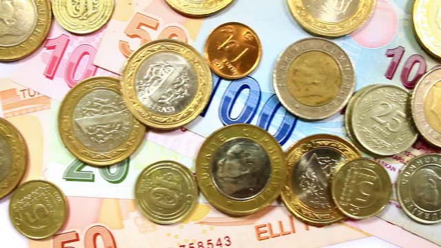 Camera motion over distributed Turkish money. Turkish Money