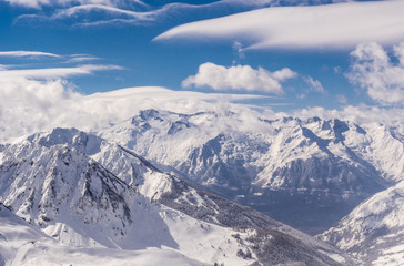Fototapeta na wymiar Winter mountains panorama with ski slopes, Bareges, Pyrennees, France