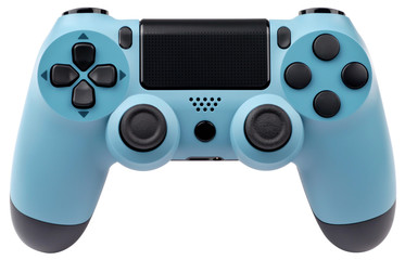 Light blue gaming controller isolated on white background.