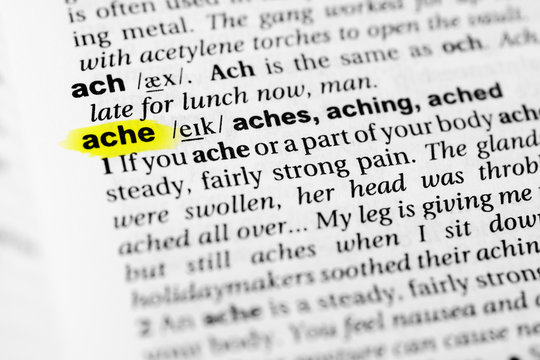 Highlighted English word "ache" and its definition in the dictionary