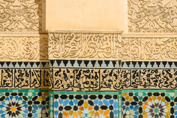 Wall with tiles of Ben Youssef Medersa, Marrakech, Morocco
