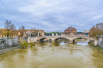 Tiber River Urban Winter Scene, Rome, Italy
