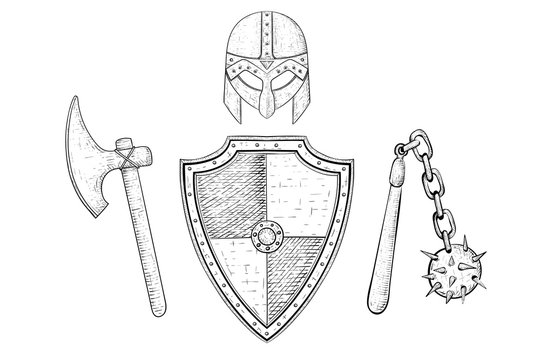 Viking armor set - helmet, shield, flail and axe. Hand drawn sketch
