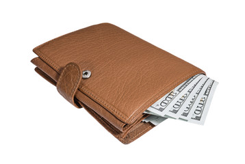 Leather wallet with hundred dollar banknotes