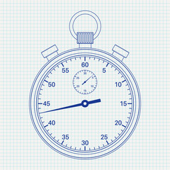 Stop watch. Blue illustration on lined paper background