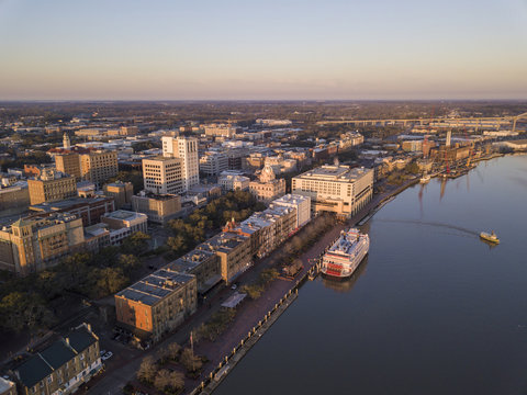 Aerial view of downtown Savannah, Georgia, River Street, and ferry boat.