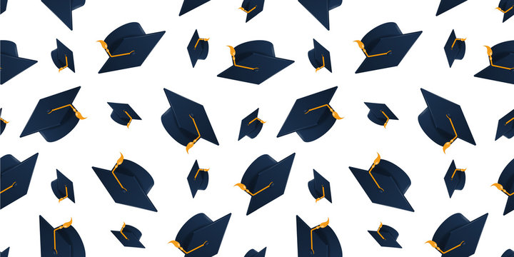 Graduation cap on white background. Seamless pattern.