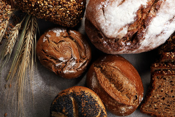 Different kinds of bread and bread rolls. Kitchen or bakery poster