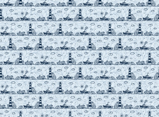 Lighthouse, ship, waves and clouds in kids doodle style, dark blue vector pattern