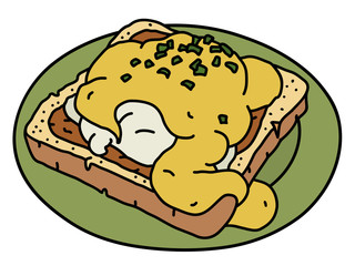 The cooked eggs Benedict with a hollandaise sauce