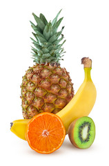 Set of a fresh  tropical fruits. Pineapple, banana, mandarin, kiwi isolated on white background