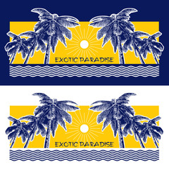 Fototapeta premium Palm trees, sun and waves of water. Realistic blue silhouettes isolated on yellow background. Vector illustration, template for travel, summer, vacation concept.