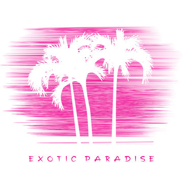Palm trees. White silhouettes on pink sky background. 
Vector illustration, design element for summer, travel and vacation concept.