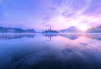 Aerial view of Bled lake in sunrise light