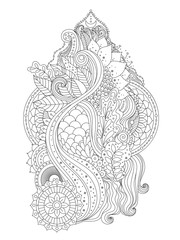 Black and white Indian floral mehendi pattern, oriental boho ornament with lotus flower, can be used for coloring book. Vector illustration.