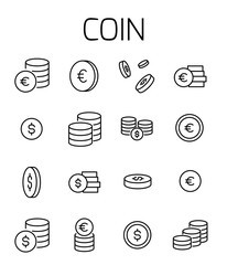 Coin related vector icon set. - obrazy, fototapety, plakaty