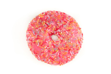 Pink frosted donut with colorful sprinkles. Isolated on white background. Top view.
