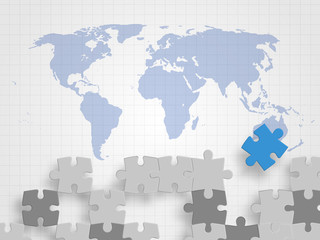 Pieces of jigsaw on world map represents concept of teamwork, creative thinking, global connection and innovation. Technology Background. Vector illustration.