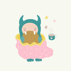 A cute monster under a blanket, eating a cookie, drinking a tea. Funny cartoon character, children s illustration. Vector art.