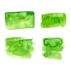 Vector green watercolor natural, organic, bio, eco labels and shapes on white background. Hand drawn stains set