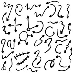 Arrow doodles vector. A set of simple sketches of arrows. Up, down, left, right ones. The effect of a pencil sketch isolated on white background.. Vector eps 10.