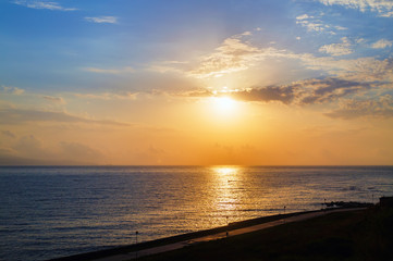 Sunrise over sea. Scenic morning dawn over on Black sea coast.
