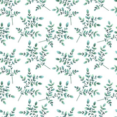 Seamless pattern with decorative green blue branches on white background. 