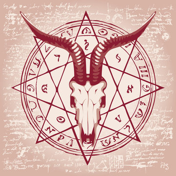 Vector banner with illustration of goat skull and pentagram with magical inscriptions and symbols on the background of old papyrus or manuscript with spots in retro style.