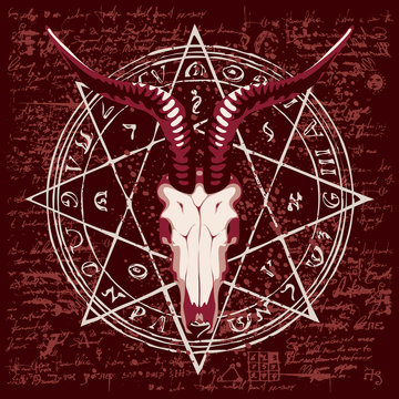 Vector banner with illustration of goat skull and pentagram with magical inscriptions and symbols on the background of old manuscript with spots in retro style